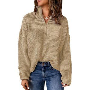 Apricot Waffle Knit Long Sleeve 1/4 Zip Pullover Polo V-Neck Sweater